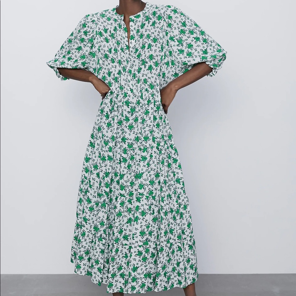 Zara green and white floral print dress